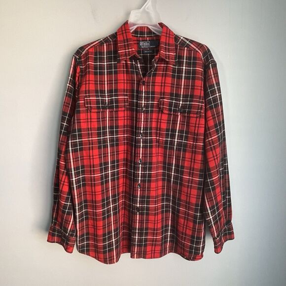 Vintage Polo Ralph Lauren Flannel Shirt Mens Sz M Red Tartan Plaid Button Up - Picture 1 of 14